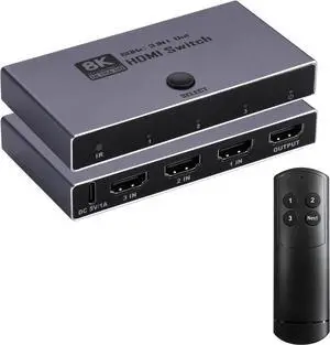 2026 Upgrade 8K HDMI 2.1 Switch, HDMI 2.1 Switcher 3 In 1 Out Supports CEC 8K@60Hz, 4K@240Hz, 1080P@480Hz HDCP 2.3 HDR Dolby Atmos VRR Compatible with PS5 Xbox Blu-Ray Player with IR remote controller 2026 Upgrade 8K HDMI 2.1 Switch, HDMI 2.1 Switcher 3 In 1 Out Supports CEC 8K@60Hz, 4K@240Hz, 1080P@480Hz HDCP 2.3 HDR Dolby Atmos VRR Compatible with PS5 Xbox Blu-Ray Player with IR remote controller