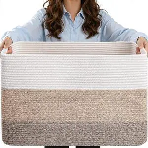 75L Large Woven Storage Basket, Cotton Rope Laundry Hamper with Handles, 22x17x12 Rectangle Blanket Basket for Toys, Clothes, Pillows, Nursery and Living Room, Gradient Brown/White 75L Large Woven Storage Basket, Cotton Rope Laundry Hamper with Handles, 22x17x12 Rectangle Blanket Basket for Toys, Clothes, Pillows, Nursery and Living Room, Gradient Brown/White
