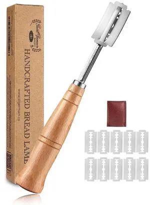 " Premium Hand Crafted Bread Lame for Dough Scoring Knife, Lame Bread Tool for Sourdough Bread Slashing with 10 Blades Included with Replacement with Authentic Leather Protector Cover" " Premium Hand Crafted Bread Lame for Dough Scoring Knife, Lame Bread Tool for Sourdough Bread Slashing with 10 Blades Included with Replacement with Authentic Leather Protector Cover"