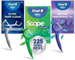 Glide Dental Floss Picks Variety Pack with Scope Outlast, Arctic Peppermint Oil, & Ultra Deep Clean, Value Pack 225ct (75 Count per Pack, Pack of 3) Glide Dental Floss Picks Variety Pack with Scope Outlast, Arctic Peppermint Oil, & Ultra Deep Clean, Value Pack 225ct (75 Count per Pack, Pack of 3)