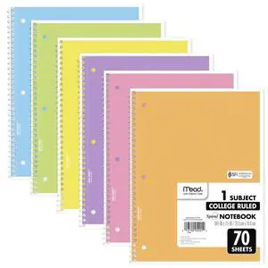 Spiral Notebook, 6 Pack, 1 Subject, College Ruled Paper, 7-1/2" x 10-1/2", 70 Sheets per Notebook, Assorted Pastel Colors (830049) Spiral Notebook, 6 Pack, 1 Subject, College Ruled Paper, 7-1/2" x 10-1/2", 70 Sheets per Notebook, Assorted Pastel Colors (830049)