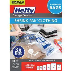 Hefty Vacuum Storage Bags - Space Saver for Under Bed Storage, Clothing and Comforters, 3X More Storage Space, 6 Medium Zipper Bags Hefty Vacuum Storage Bags - Space Saver for Under Bed Storage, Clothing and Comforters, 3X More Storage Space, 6 Medium Zipper Bags