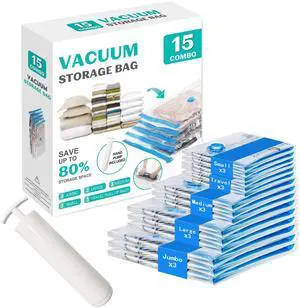 15 Pack Vacuum Seal Bags for Clothing &Travel, Space Saver Vacuum Storage Bags for Blankets,Luggage,Clothes,Comforter, Hand Pump Included (3 Jumbo,3 Large,3 Medium,3 Small,3 Roll 15 Pack Vacuum Seal Bags for Clothing &Travel, Space Saver Vacuum Storage Bags for Blankets,Luggage,Clothes,Comforter, Hand Pump Included (3 Jumbo,3 Large,3 Medium,3 Small,3 Roll