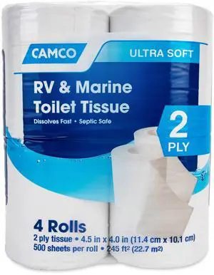Marine & RV Toilet Paper 2-Ply Septic Safe Dissolves Fast Dye & Fragrance Free 4-Rolls (500 Sheets Per Roll) (40274) Marine & RV Toilet Paper 2-Ply Septic Safe Dissolves Fast Dye & Fragrance Free 4-Rolls (500 Sheets Per Roll) (40274)