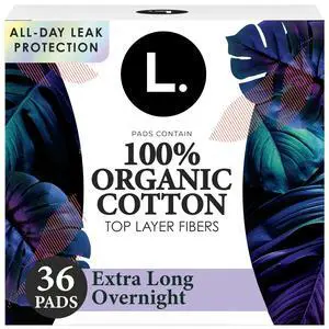 L. Ultra Thin Pads for Women, Organic Cotton Top Layer, Overnight Absorbency, Menstrual Pads with Wings, Made Without Synthetic Pesticides and Fragrances, 36 Count L. Ultra Thin Pads for Women, Organic Cotton Top Layer, Overnight Absorbency, Menstrual Pads with Wings, Made Without Synthetic Pesticides and Fragrances, 36 Count