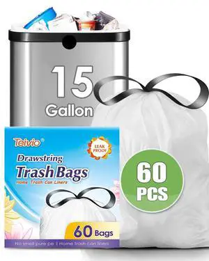 15 Gallon 60 Counts Strong Tall Kitchen Drawstring Trash Bags, Medium Plastic Garbage Bags for Home Kitchen Office Garden Outdoor Tall Trash Can, Waste Bin Liners White 15 Gallon 60 Counts Strong Tall Kitchen Drawstring Trash Bags, Medium Plastic Garbage Bags for Home Kitchen Office Garden Outdoor Tall Trash Can, Waste Bin Liners White