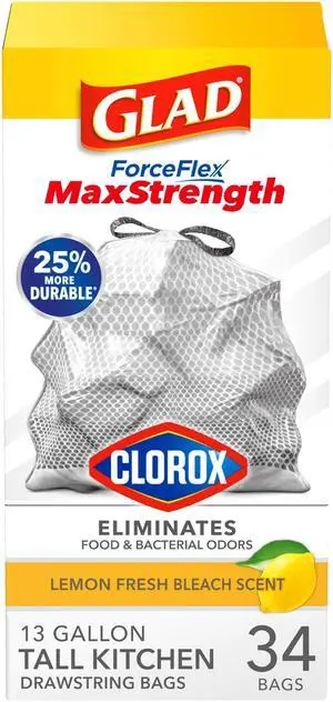 ForceFlex MaxStrength with Clorox Tall Kitchen Trash Bags, 13 Gal, 34 Ct (Package May Vary) ForceFlex MaxStrength with Clorox Tall Kitchen Trash Bags, 13 Gal, 34 Ct (Package May Vary)