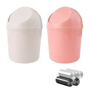 2 Pcs Plastic Mini Wastebasket Trash Can with Swing Lid with 120 Trash Bags, Tiny Desktop Waste Garbage Bin for Home, Office, Kitchen, Vanity Tabletop, Bedroom, Bathroom (Pink + Beige) 2 Pcs Plastic Mini Wastebasket Trash Can with Swing Lid with 120 Trash Bags, Tiny Desktop Waste Garbage Bin for Home, Office, Kitchen, Vanity Tabletop, Bedroom, Bathroom (Pink + Beige)