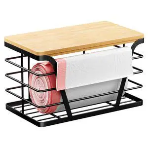Small Grocery Bag Holder, Trash bag holder with Removable Bamboo Top, Wall Mount, No Drill, Stainless Steel, Black Small Grocery Bag Holder, Trash bag holder with Removable Bamboo Top, Wall Mount, No Drill, Stainless Steel, Black