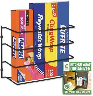 Kitchen Wrap Organizer - Hold up to 4 Plastic, Foil, Paper, Wax - Cabinet Door, Wall Rack Basket - Sandwich, Freezer, Food Bag Storage - Laundry Supplies - Black Kitchen Wrap Organizer - Hold up to 4 Plastic, Foil, Paper, Wax - Cabinet Door, Wall Rack Basket - Sandwich, Freezer, Food Bag Storage - Laundry Supplies - Black