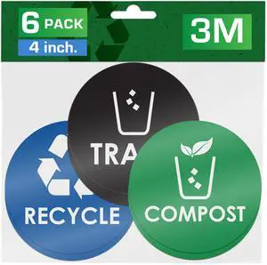 Trash Recycle Compost Stickers - 4x4 Round Decals, 6 Pack Set - Easy to Apply, UV-Resistant for Effective Indoor & Outdoor Waste Management in Kitchens, Offices, and Public Spaces Trash Recycle Compost Stickers - 4x4 Round Decals, 6 Pack Set - Easy to Apply, UV-Resistant for Effective Indoor & Outdoor Waste Management in Kitchens, Offices, and Public Spaces