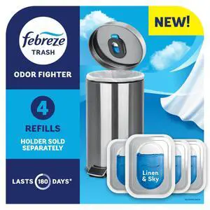 Trash Odor Fighter, Trash Can Air Freshener, Stick-On Deodorizer for Garbage Cans, Diaper Pails, Works with Scented Trash Bags, Linen & Sky Scent, 4 Refills (Holder Sold Separately) Trash Odor Fighter, Trash Can Air Freshener, Stick-On Deodorizer for Garbage Cans, Diaper Pails, Works with Scented Trash Bags, Linen & Sky Scent, 4 Refills (Holder Sold Separately)