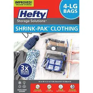 Hefty 4 Large Vacuum Storage Bags for Clothes, Pillows, Towels, or Blankets - Space Saver Vacuum Sealer Bags Ideal Under Bed Storage Solutions Hefty 4 Large Vacuum Storage Bags for Clothes, Pillows, Towels, or Blankets - Space Saver Vacuum Sealer Bags Ideal Under Bed Storage Solutions