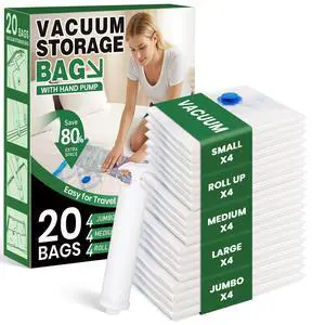 Vacuum Storage Bags,20Pack Vacuum Seal Bags for Clothing,Travel,Clothes,Comforters,Blankets,Pillows-4 Jumbo+4 Large+4 Medium+4 Small+4 Roll Up Space Saving Bag Hand Pump Inclued Vacuum Storage Bags,20Pack Vacuum Seal Bags for Clothing,Travel,Clothes,Comforters,Blankets,Pillows-4 Jumbo+4 Large+4 Medium+4 Small+4 Roll Up Space Saving Bag Hand Pump Inclued
