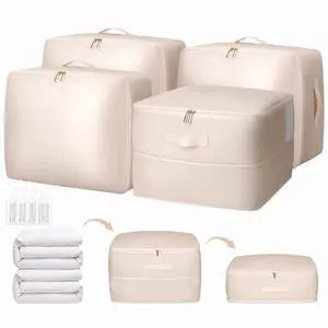 4 Pack Comforter Storage Bag, 68L Blanket Storage Bags Self Compression Comforter Organizer and Storages, Space Saving Washable Compression Bags for Blanket Bedding Pillow Duvet Quilt, Beige 4 Pack Comforter Storage Bag, 68L Blanket Storage Bags Self Compression Comforter Organizer and Storages, Space Saving Washable Compression Bags for Blanket Bedding Pillow Duvet Quilt, Beige