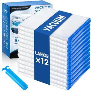 Vacuum Storage Bags with Hand Pump, 12 Large Compression Space Saver Vacuum Seal Bags for Clothing, Travel, Luggage, Comforters, Blankets, Pillows, Bedding, Duvets Vacuum Storage Bags with Hand Pump, 12 Large Compression Space Saver Vacuum Seal Bags for Clothing, Travel, Luggage, Comforters, Blankets, Pillows, Bedding, Duvets