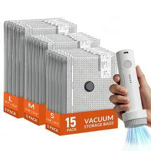 15 Pack Vacuum Storage Bags with Electric Pump for Travel Luggage Clothes 15 Pack Vacuum Storage Bags with Electric Pump for Travel Luggage Clothes
