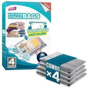 Vacuum Storage Bags 4 Pack, 2 Size Combo(2 Large+2 Jumbo), LONG SIDE ZIP Vacuum Seal Bags for Clothing, Space Saver for Beddings, Comforters, Blankets, Pillows Vacuum Storage Bags 4 Pack, 2 Size Combo(2 Large+2 Jumbo), LONG SIDE ZIP Vacuum Seal Bags for Clothing, Space Saver for Beddings, Comforters, Blankets, Pillows