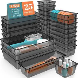 25 PCS Plastic Drawer Organizer Set, 4-Size Versatile Organizer Tool Trays & storage Bins for Makeup, Jewelry, and Gadgets in Bathroom, Bedroom and Office,Clear Black 25 PCS Plastic Drawer Organizer Set, 4-Size Versatile Organizer Tool Trays & storage Bins for Makeup, Jewelry, and Gadgets in Bathroom, Bedroom and Office,Clear Black