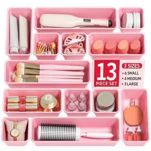 13 Pack Plastic Drawer Organizers Set, 3 Sizes Desk Drawer Organizer Trays for Vanity and Makeup Organizer, Organization and Storage for Makeup, Kitchen Utensils, Bathroom and Office(Pink) 13 Pack Plastic Drawer Organizers Set, 3 Sizes Desk Drawer Organizer Trays for Vanity and Makeup Organizer, Organization and Storage for Makeup, Kitchen Utensils, Bathroom and Office(Pink)