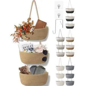 3 Tier Wall Mounted Woven Hanging Basket, Over the Door Hanging Basket with Hooks, Decorative Storage Hanging Closet Removable, Large Wall Basket for Living Room, Bedroom, Kitchen (Brown) 3 Tier Wall Mounted Woven Hanging Basket, Over the Door Hanging Basket with Hooks, Decorative Storage Hanging Closet Removable, Large Wall Basket for Living Room, Bedroom, Kitchen (Brown)