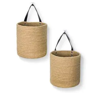 2 Pack Hanging Basket, Small Wall Baskets for Organizing, Wicker Boho Wall Decor Set, Indoor Hanging Plant Holder, Rattan Woven Organizer for Home Decor, Farmhouse Storage Bin, Jute 2 Pack Hanging Basket, Small Wall Baskets for Organizing, Wicker Boho Wall Decor Set, Indoor Hanging Plant Holder, Rattan Woven Organizer for Home Decor, Farmhouse Storage Bin, Jute