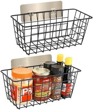2 Pack Hanging Wall Basket Wire Storage Baskets, Adhesive Basket for Cabinet Door Organizer No Drilling, Hanging Fruit Baskets for Kitchen, Pantry Organization, Bathroom, Black 2 Pack Hanging Wall Basket Wire Storage Baskets, Adhesive Basket for Cabinet Door Organizer No Drilling, Hanging Fruit Baskets for Kitchen, Pantry Organization, Bathroom, Black