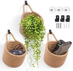 Fabric Wall Hanging Baskets - 3Pack Woven Pouchs Boho Style Wall Mounted Bag with Adhesive Hooks, Storage Organizers and Decoration Pocket Caddy Bins on Door Rack (Linen & Black, Large) Fabric Wall Hanging Baskets - 3Pack Woven Pouchs Boho Style Wall Mounted Bag with Adhesive Hooks, Storage Organizers and Decoration Pocket Caddy Bins on Door Rack (Linen & Black, Large)