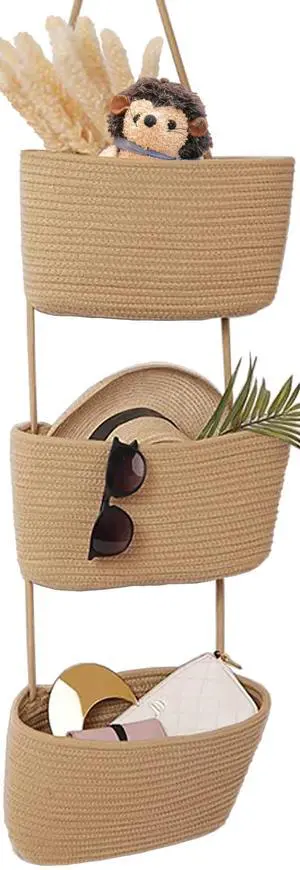Wall Hanging Cotton Baskets - Large 3 Tier Decorative Baskets for Wall, Nursery, Bathroom (B-Brown) Wall Hanging Cotton Baskets - Large 3 Tier Decorative Baskets for Wall, Nursery, Bathroom (B-Brown)