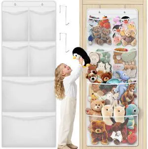 Stuffed Animal Storage - Large Over the Door Organizer with 6 Expandable Mesh Pockets & Metal Hooks, Non-Woven Fabric Hanging Plush Items Holder for Nursery, Bedroom, Playroom (White) Stuffed Animal Storage - Large Over the Door Organizer with 6 Expandable Mesh Pockets & Metal Hooks, Non-Woven Fabric Hanging Plush Items Holder for Nursery, Bedroom, Playroom (White)