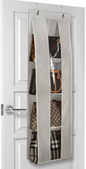 Over the Door Purse Organizer, handbag storage organizer with 4 Clear Pockets Foldable, purse storage, scarf storage, clothing organizer, legging organizer for hanging closet organize, Gray Over the Door Purse Organizer, handbag storage organizer with 4 Clear Pockets Foldable, purse storage, scarf storage, clothing organizer, legging organizer for hanging closet organize, Gray