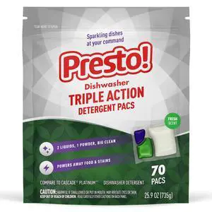 Amazon Brand - Presto! Triple Action Dishwasher Pacs, Anti-spotting, Fresh Scent, No Phosphates or Chlorine, 70 Count Amazon Brand - Presto! Triple Action Dishwasher Pacs, Anti-spotting, Fresh Scent, No Phosphates or Chlorine, 70 Count