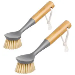Dish Brush with Bamboo Handle Built-in Scraper, Scrub Brush for Pans, Pots, Kitchen Sink Cleaning, Pack of 2 Dish Brush with Bamboo Handle Built-in Scraper, Scrub Brush for Pans, Pots, Kitchen Sink Cleaning, Pack of 2