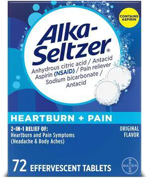 Heartburn + Pain Effervescent Aspirin + Antacid Tablets, Fast Heartburn Relief and Acid Indigestion Relief, Pain Relief with Aspirin, 72 Ct Heartburn + Pain Effervescent Aspirin + Antacid Tablets, Fast Heartburn Relief and Acid Indigestion Relief, Pain Relief with Aspirin, 72 Ct