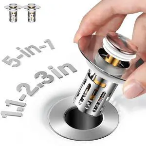 5-in-1 Bathroom Sink Stopper, 2 Pc Pop-Up Sink Drain Strainer with Removable Bascket, Anti-Clog Strainer, Odor Blocking & One-Way Flow Design, Brass & Stainless Steel All Metal Made, Fit 1.1"2.36" 5-in-1 Bathroom Sink Stopper, 2 Pc Pop-Up Sink Drain Strainer with Removable Bascket, Anti-Clog Strainer, Odor Blocking & One-Way Flow Design, Brass & Stainless Steel All Metal Made, Fit 1.1"2.36"