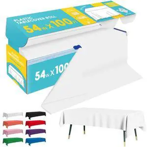 White Plastic Table Cover Roll - 54IN x 100FT, Table Cloth for Rectangle Table with Slide Cutter, Plastic Table Cloth Disposable with Cut-to-Size Design for Weddings, Banquets, Parties White Plastic Table Cover Roll - 54IN x 100FT, Table Cloth for Rectangle Table with Slide Cutter, Plastic Table Cloth Disposable with Cut-to-Size Design for Weddings, Banquets, Parties