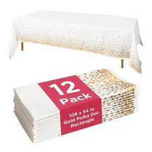 12-Pack White and Gold Tablecloth - 54x108 Inch - Disposable Table Covers for Party, Weddings, and Holidays - Waterproof Christmas Tablecloth, Stain-Resistant Plastic Table Cover Set 12-Pack White and Gold Tablecloth - 54x108 Inch - Disposable Table Covers for Party, Weddings, and Holidays - Waterproof Christmas Tablecloth, Stain-Resistant Plastic Table Cover Set
