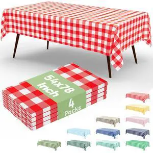 4 Packs 54 x 78 Inch Buffalo Disposable Table Cloth, Waterproof Plastic Tablecloth, Rectangle Red and White Checkered Table Covers for Picnic, Birthday, Party, Back to School 4 Packs 54 x 78 Inch Buffalo Disposable Table Cloth, Waterproof Plastic Tablecloth, Rectangle Red and White Checkered Table Covers for Picnic, Birthday, Party, Back to School