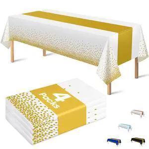 4 Pack Disposable Plastic Table Cloths for Parties,White and Gold Rectangle Table Covers for Fall Decor Wedding Bridal Shower Birthday | Baptism Friendsgiving New Years Decorations 54" x 108" 4 Pack Disposable Plastic Table Cloths for Parties,White and Gold Rectangle Table Covers for Fall Decor Wedding Bridal Shower Birthday | Baptism Friendsgiving New Years Decorations 54" x 108"
