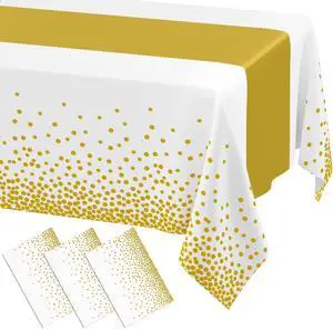 Plastic Table Cloth Disposable 3 Pack, 54 x 108 Inch Rectangle Waterproof Tablecloth, Printed Gold Table Runner Style for Birthday Weeding, Party Decorations, Leakproof & Sturdy, White and Gold Plastic Table Cloth Disposable 3 Pack, 54 x 108 Inch Rectangle Waterproof Tablecloth, Printed Gold Table Runner Style for Birthday Weeding, Party Decorations, Leakproof & Sturdy, White and Gold