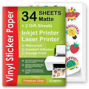 Premium Printable Vinyl Sticker Paper for Inkjet Printer - 34 Sheets Self-Adhesive Sheets Matte White Waterproof, Dries Quickly Vivid Colors, Holds Ink Well - Tear Resistant Premium Printable Vinyl Sticker Paper for Inkjet Printer - 34 Sheets Self-Adhesive Sheets Matte White Waterproof, Dries Quickly Vivid Colors, Holds Ink Well - Tear Resistant