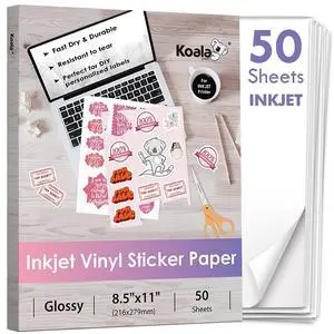 Inkjet Printable Vinyl Sticker Paper for Inkjet Printer - 50 Sheets White Glossy Sticker Paper, Waterproof Sticker Printer Paper 8.5x11 Inch, Tear-Resistant, Removable Inkjet Printable Vinyl Sticker Paper for Inkjet Printer - 50 Sheets White Glossy Sticker Paper, Waterproof Sticker Printer Paper 8.5x11 Inch, Tear-Resistant, Removable