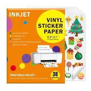 30 Sheets Premium Printable Vinyl Sticker, Vinyl Glossy White Waterproof Sticker, Suitable for Inkjet Printers, Dries Quickly, Vivid Colors, Tear Resistant, 8.5x11" Great for Cutting Machines 30 Sheets Premium Printable Vinyl Sticker, Vinyl Glossy White Waterproof Sticker, Suitable for Inkjet Printers, Dries Quickly, Vivid Colors, Tear Resistant, 8.5x11" Great for Cutting Machines