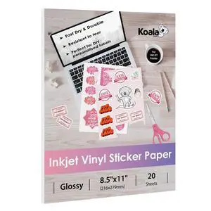 Printable Vinyl Sticker Paper for Inkjet Printers - 20 Sheets Glossy White Water-Resistant Adhesive Label Paper - 8.5x11 Inch, Tear-Resistant, Removable Printable Vinyl Sticker Paper for Inkjet Printers - 20 Sheets Glossy White Water-Resistant Adhesive Label Paper - 8.5x11 Inch, Tear-Resistant, Removable