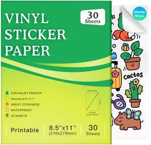 30 Sheets Premium Printable Vinyl Sticker Paper for Inkjet Printer, Glossy White Waterproof, Dries Quickly, Vivid Colors, 8.5x11 Inkjet Vinyl Sticker Paper Great for Cutting Machines 30 Sheets Premium Printable Vinyl Sticker Paper for Inkjet Printer, Glossy White Waterproof, Dries Quickly, Vivid Colors, 8.5x11 Inkjet Vinyl Sticker Paper Great for Cutting Machines