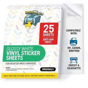 Glossy Printable Vinyl Sticker Paper Waterproof 25 Sheets 8.5"x11", Inkjet Printer (HP, Canon, Brother Printers Compatible) - Weatherproof White Sticker Sheets - Strong Adhesive Glossy Printable Vinyl Sticker Paper Waterproof 25 Sheets 8.5"x11", Inkjet Printer (HP, Canon, Brother Printers Compatible) - Weatherproof White Sticker Sheets - Strong Adhesive