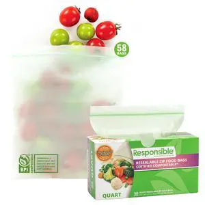 Certified Compostable QUART Resealable Zip Bag, Extra Strength Food Bags, Plant-Based Freezer-Safe (58 Pack) Certified Compostable QUART Resealable Zip Bag, Extra Strength Food Bags, Plant-Based Freezer-Safe (58 Pack)