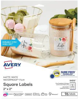 Durable Waterproof Square Labels with Sure Feed Technology, 2" x 2", White, Laser & Pigment-Inkjet Compatible, 96 Blank Labels Total, Great for Branding, Packaging Durable Waterproof Square Labels with Sure Feed Technology, 2" x 2", White, Laser & Pigment-Inkjet Compatible, 96 Blank Labels Total, Great for Branding, Packaging
