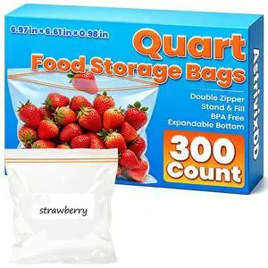 300 Count Quart Food Storage Bags, Reclosable Quart Bags with Double Zipper Seal, Plastic Food Storage Bags for Meat, Vegetables, Fruits, SandwichSnackStand-Up Bottom 300 Count Quart Food Storage Bags, Reclosable Quart Bags with Double Zipper Seal, Plastic Food Storage Bags for Meat, Vegetables, Fruits, SandwichSnackStand-Up Bottom