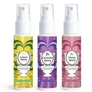 Toilet Spray for Poop 3 Pack, Travel Size Variety, Bathroom Odor Eliminator - Lemon Lavender Peony Toilet Spray for Poop 3 Pack, Travel Size Variety, Bathroom Odor Eliminator - Lemon Lavender Peony